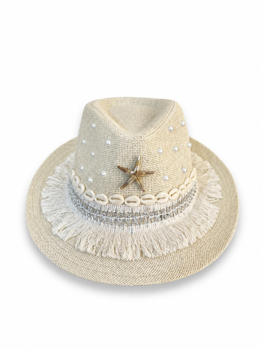Cowboy hat burlap Decorated with starfish and seashells Q-4