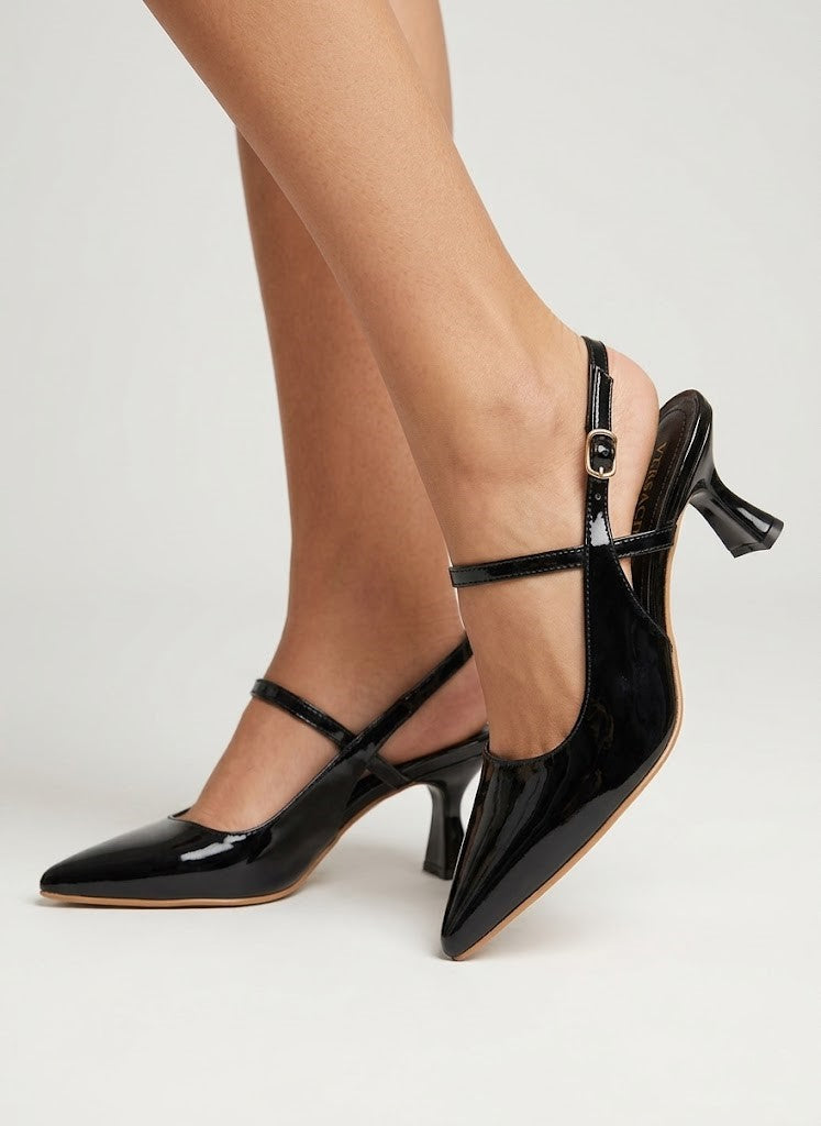 Shoes Heels Leather Glossy With Buckle F-614