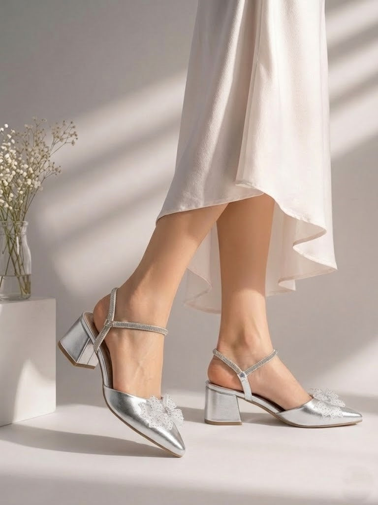 Shoes Mid Heels Leather Glossy With Bow F-618