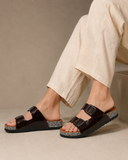 Slippers leather Glossy flat Double strap with buckles SL-232