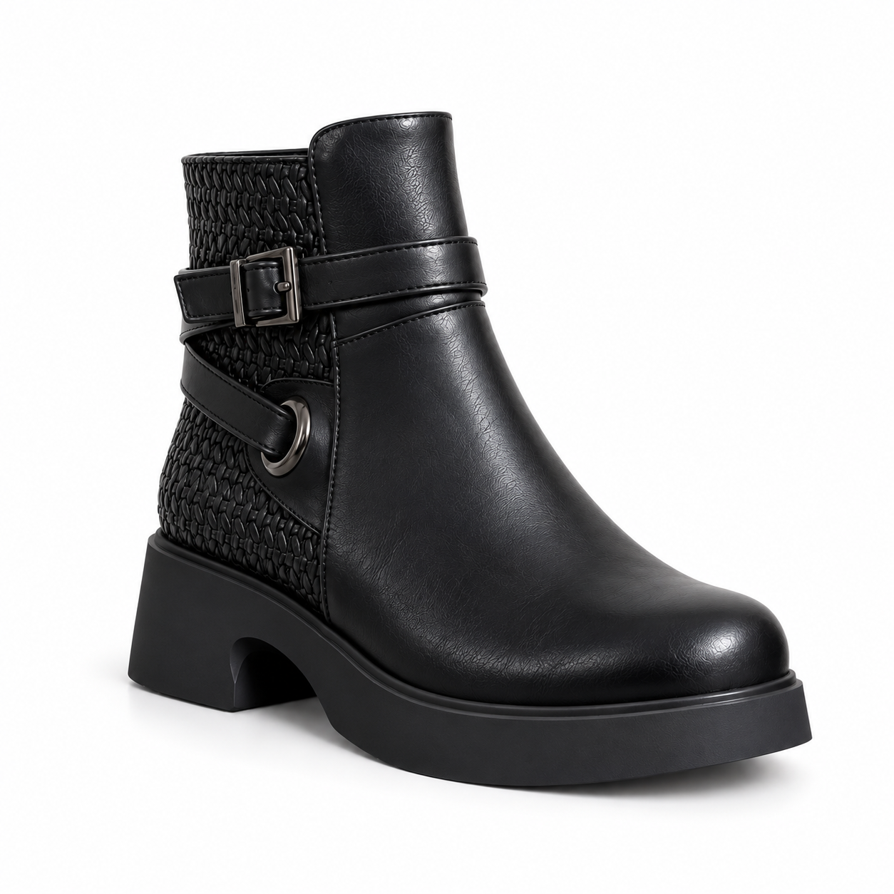 Women's Leather Ankle Boot with Thick Heel and Side Buckle Zipper G-67