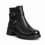 Women's Leather Ankle Boot with Thick Heel and Side Buckle Zipper G-67