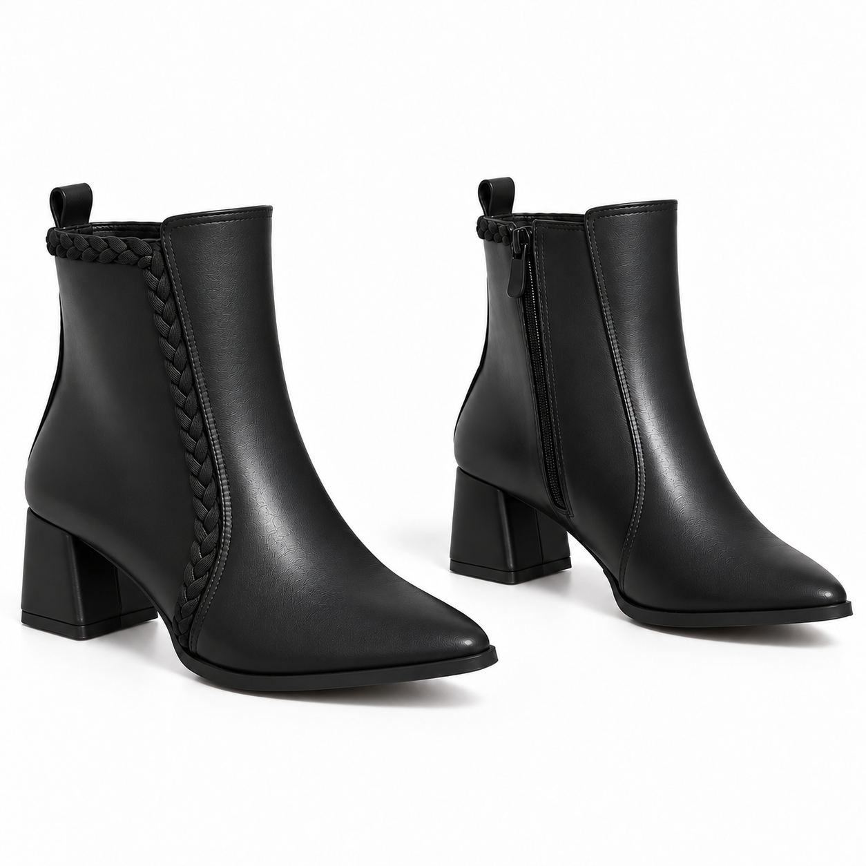 Ankle Boot Leather Mid Heel Adorned with a side fabric braid R-33