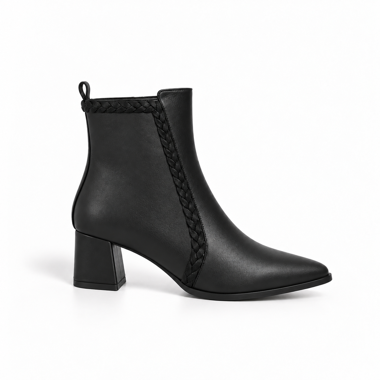 Ankle Boot Leather Mid Heel Adorned with a side fabric braid R-33