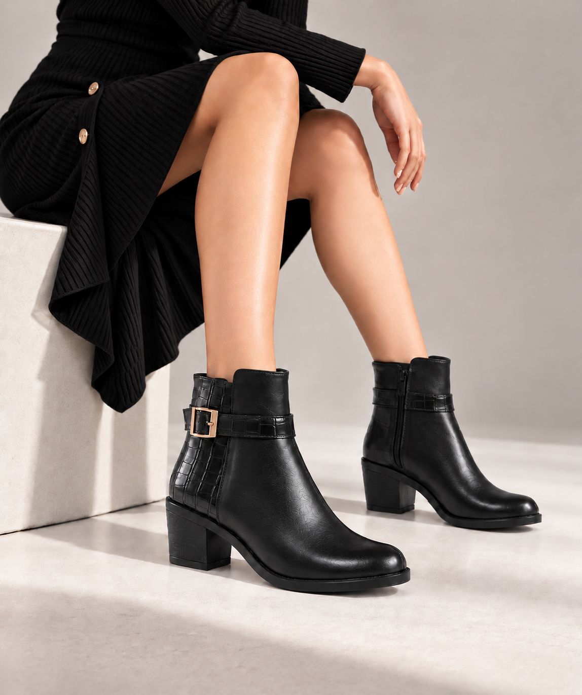 Ankle Boot Heels Leather With Buckle  R-18