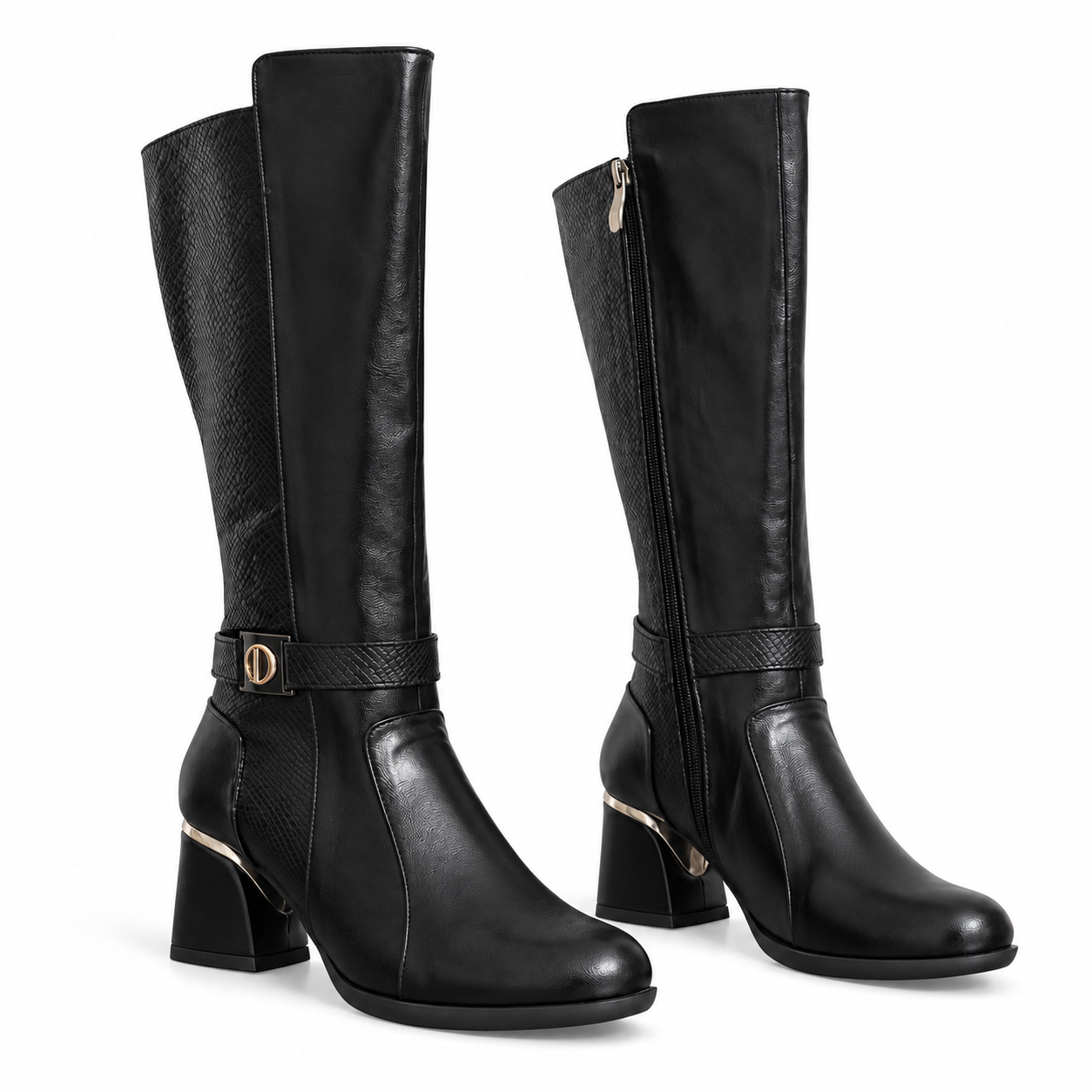 Long Boot Mid Heels And embossed leather details and a belted strap with a buckle LB-55