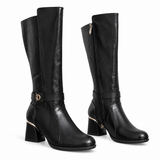 Long Boot Mid Heels And embossed leather details and a belted strap with a buckle LB-55