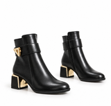 Ankle Boot For Women’s Leather Mid heel Adorned with gold details R-32