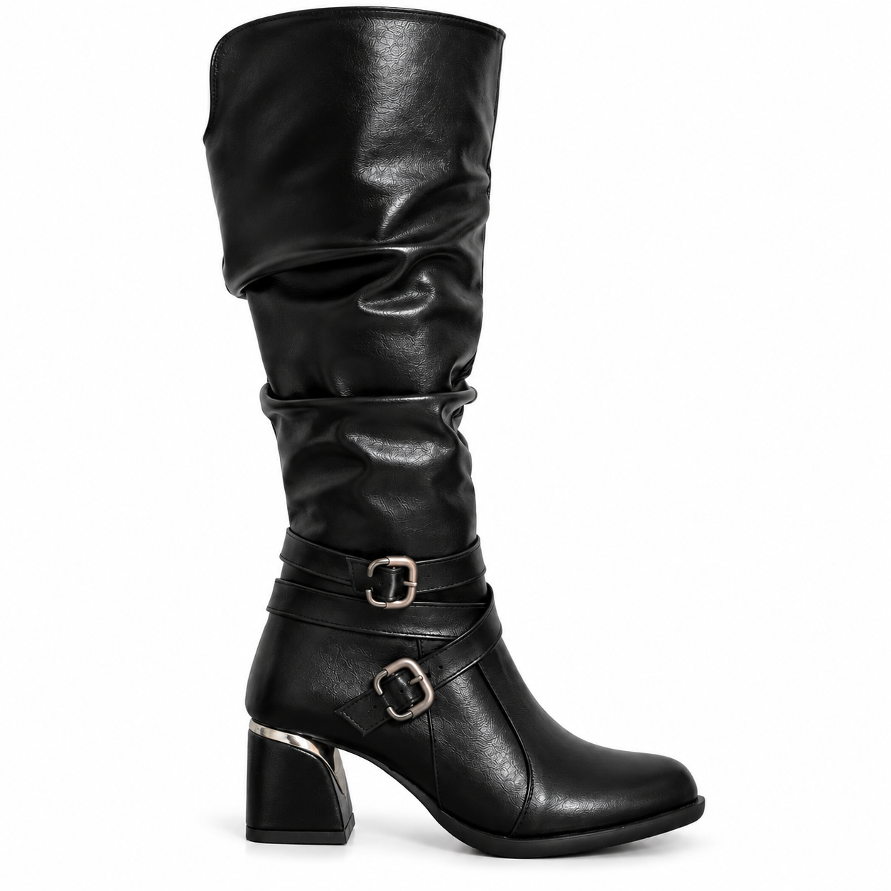 Long Boot Mid Heels Leather With Two belts buckle LB-54