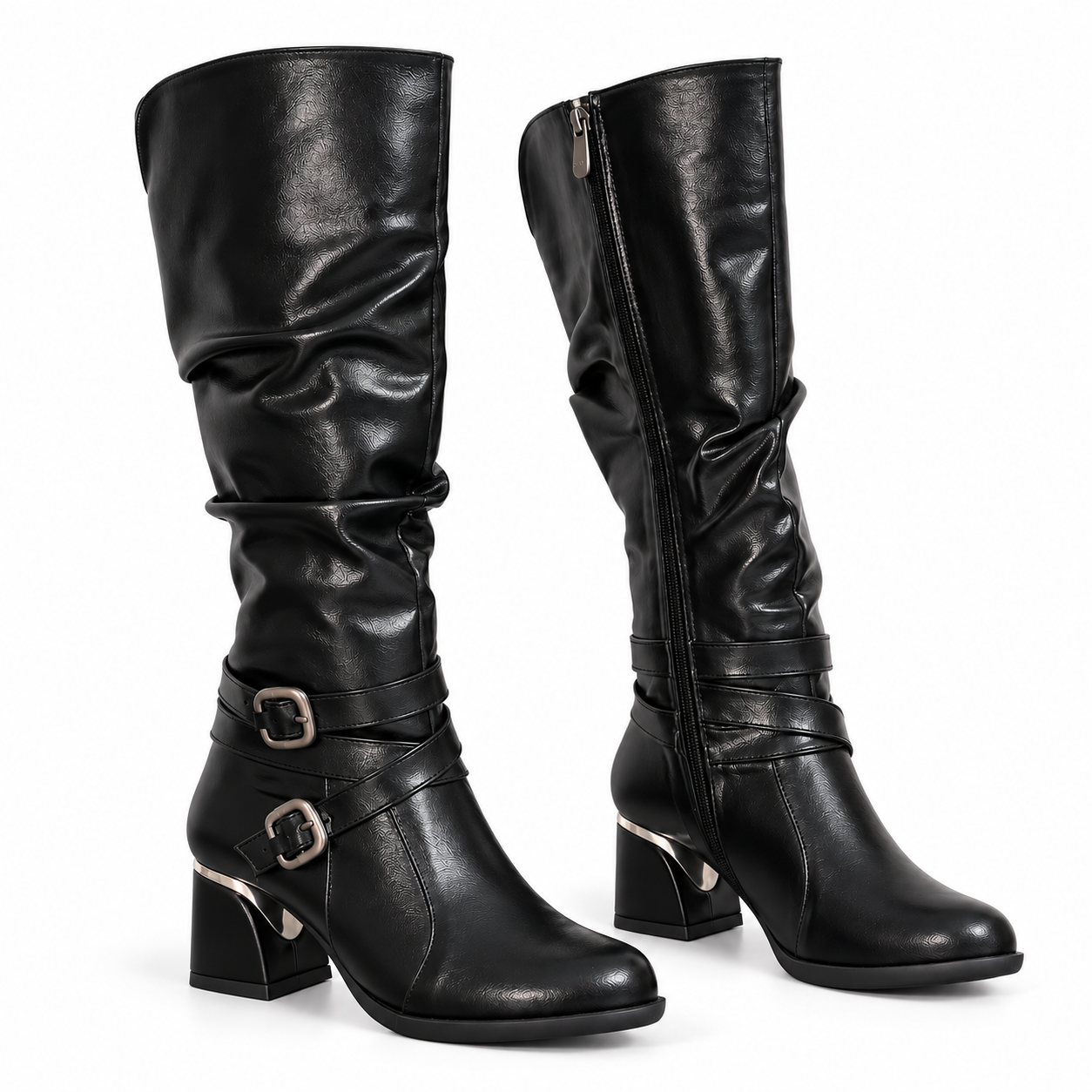 Long Boot Mid Heels Leather With Two belts buckle LB-54