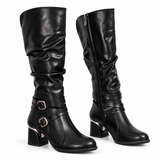 Long Boot Mid Heels Leather With Two belts buckle LB-54