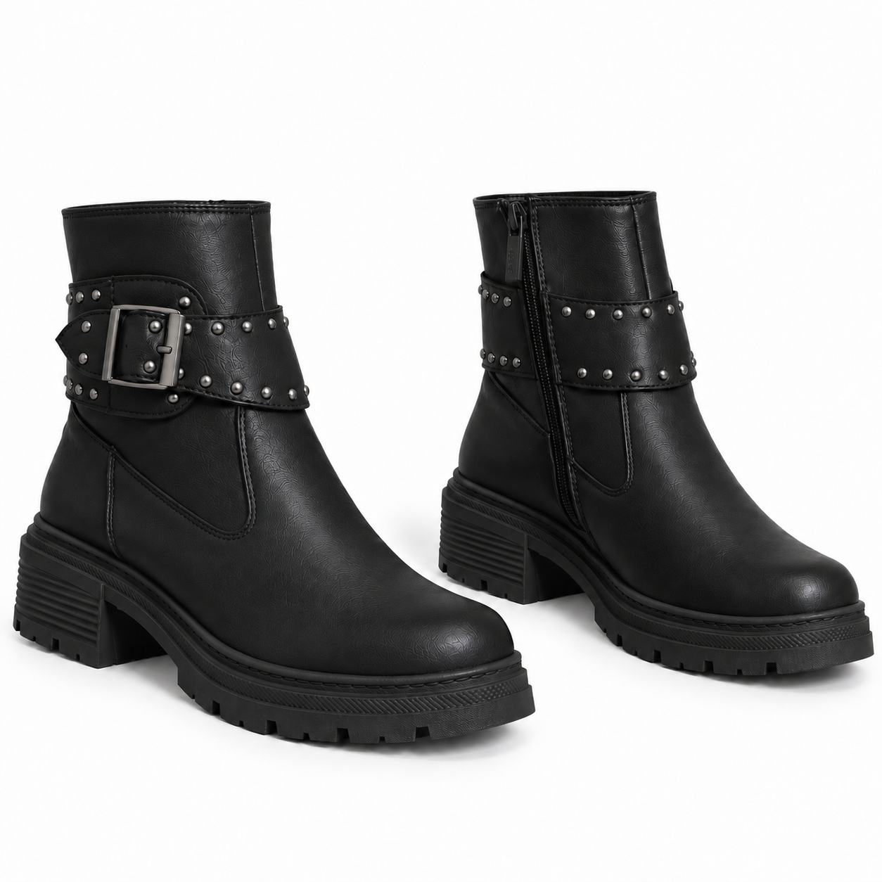 Ankle Boot Leather Mid Heel With a metal buckle and a belt adorned with studs G-69