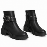 Ankle Boot Leather Mid Heel With a metal buckle and a belt adorned with studs G-69