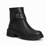 Ankle Boot Leather Mid Heel With a metal buckle and a belt adorned with studs G-69