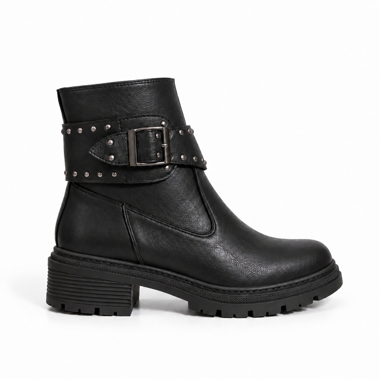 Ankle Boot Leather Mid Heel With a metal buckle and a belt adorned with studs G-69