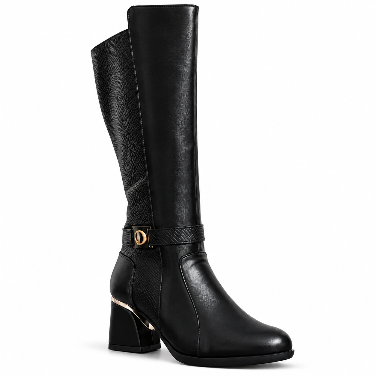 Long Boot Mid Heels And embossed leather details and a belted strap with a buckle LB-55