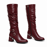 Long Boot Mid Heels Leather With Two belts buckle LB-54