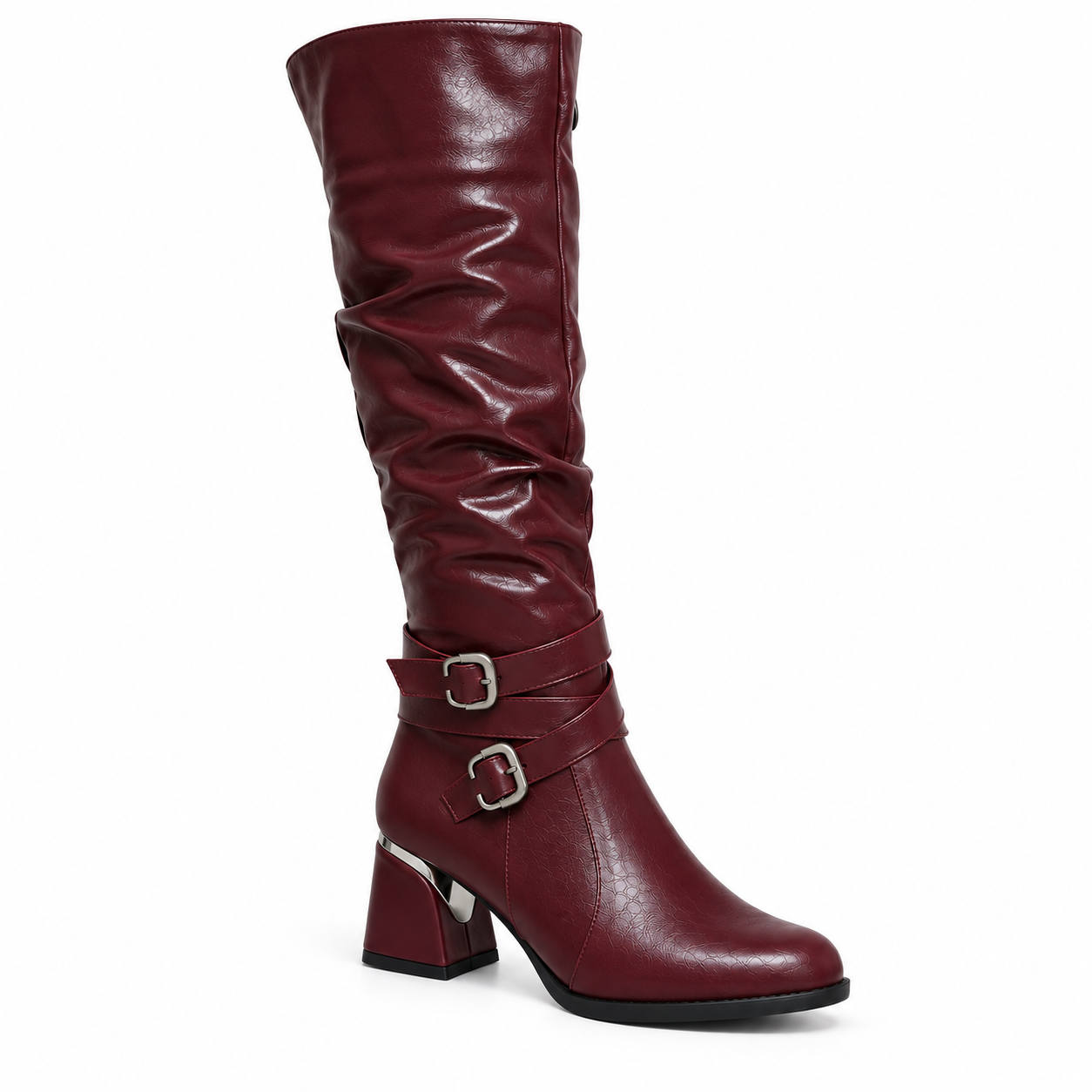 Long Boot Mid Heels Leather With Two belts buckle LB-54