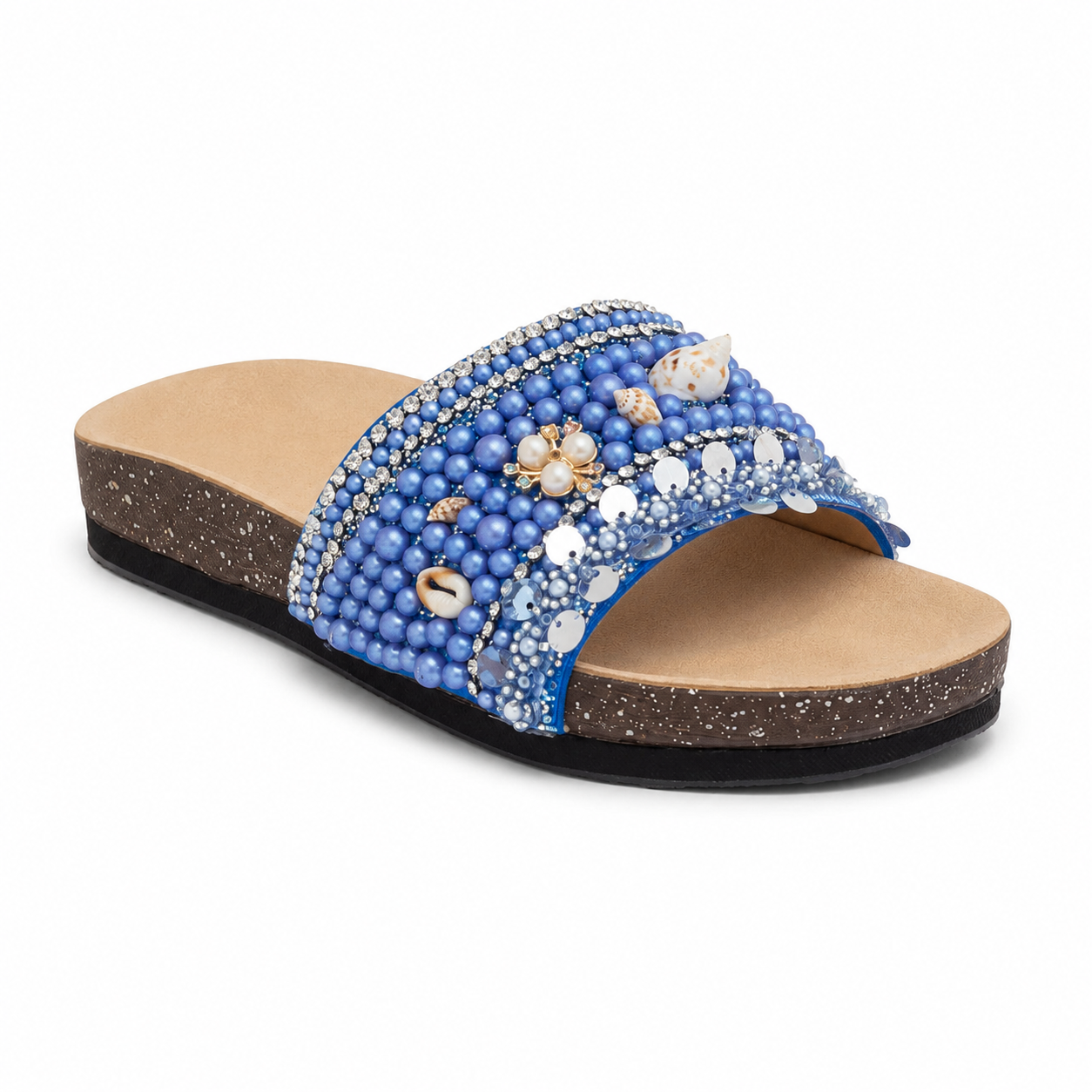 Slippers flat decorated with pearls and shells SL-263