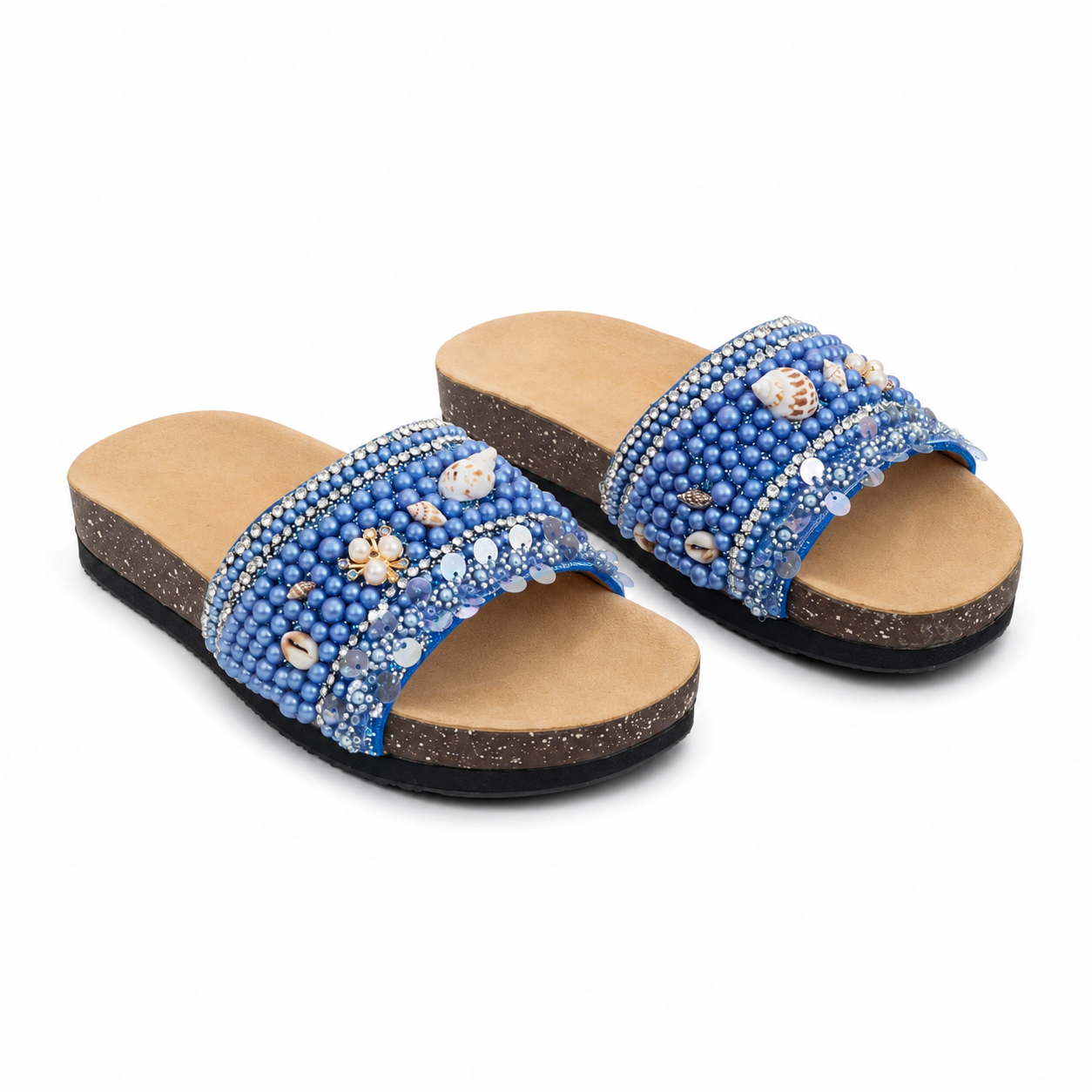 Slippers flat decorated with pearls and shells SL-263