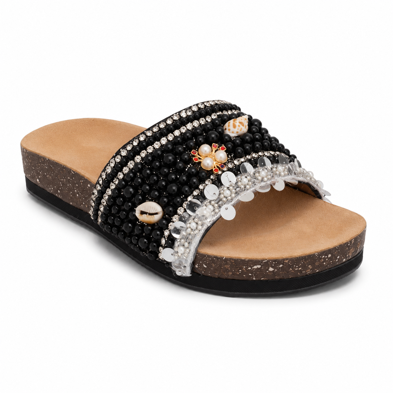 Slippers flat decorated with pearls and shells SL-263