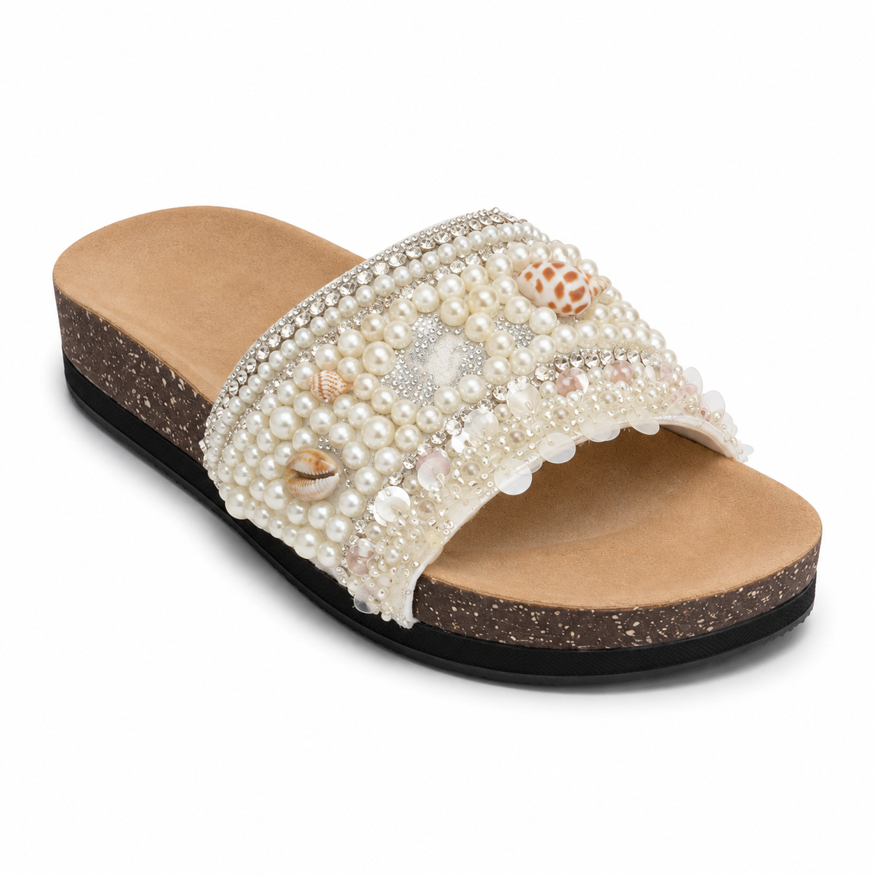 Slippers flat decorated with pearls and shells SL-263