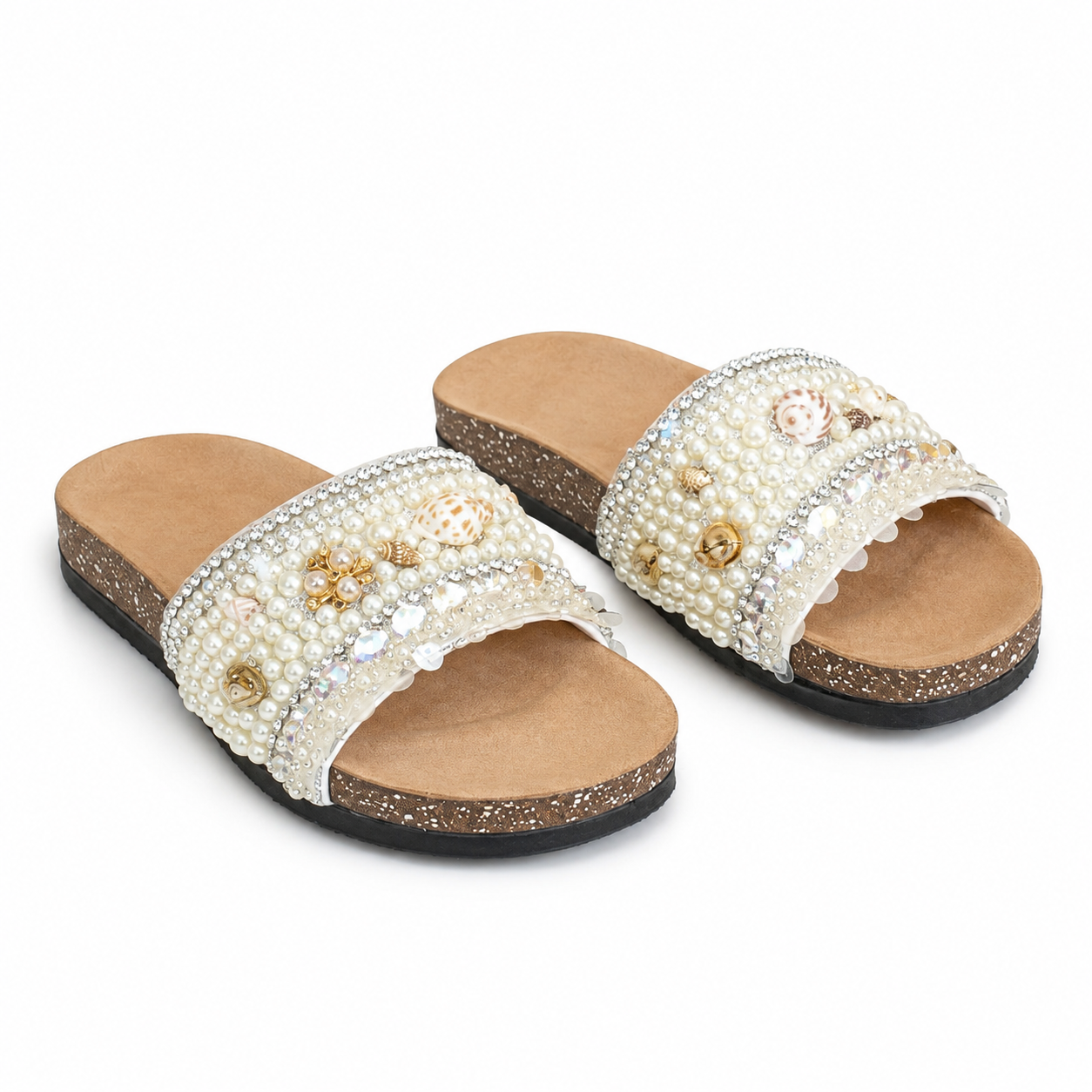 Slippers flat decorated with pearls and shells SL-263