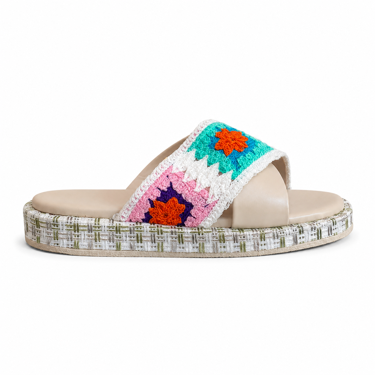 Slipper Flat Leather And Decorated Fabric SL-257