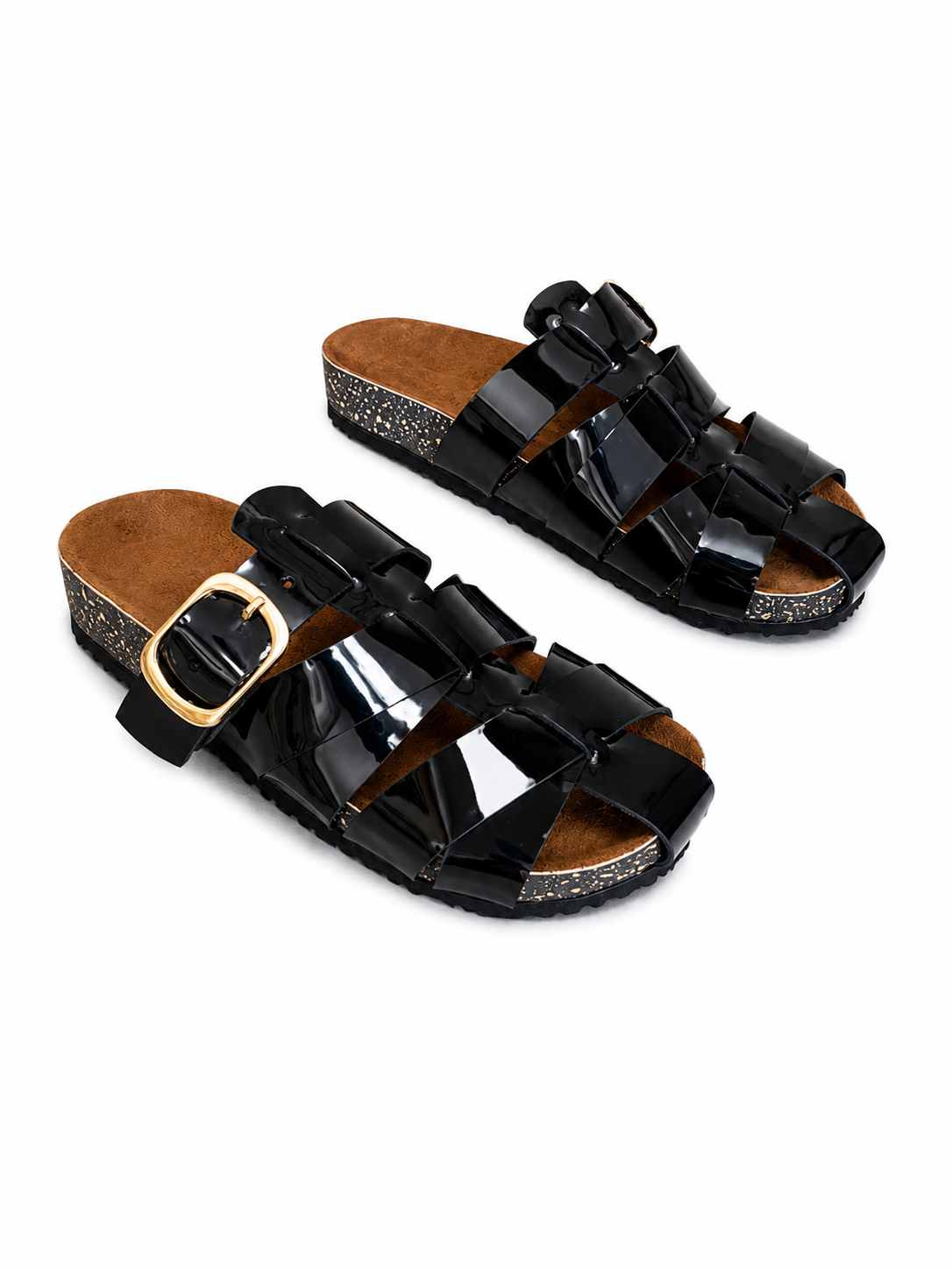 Slippers Flat Leather Glossy With Many Strap SL-246