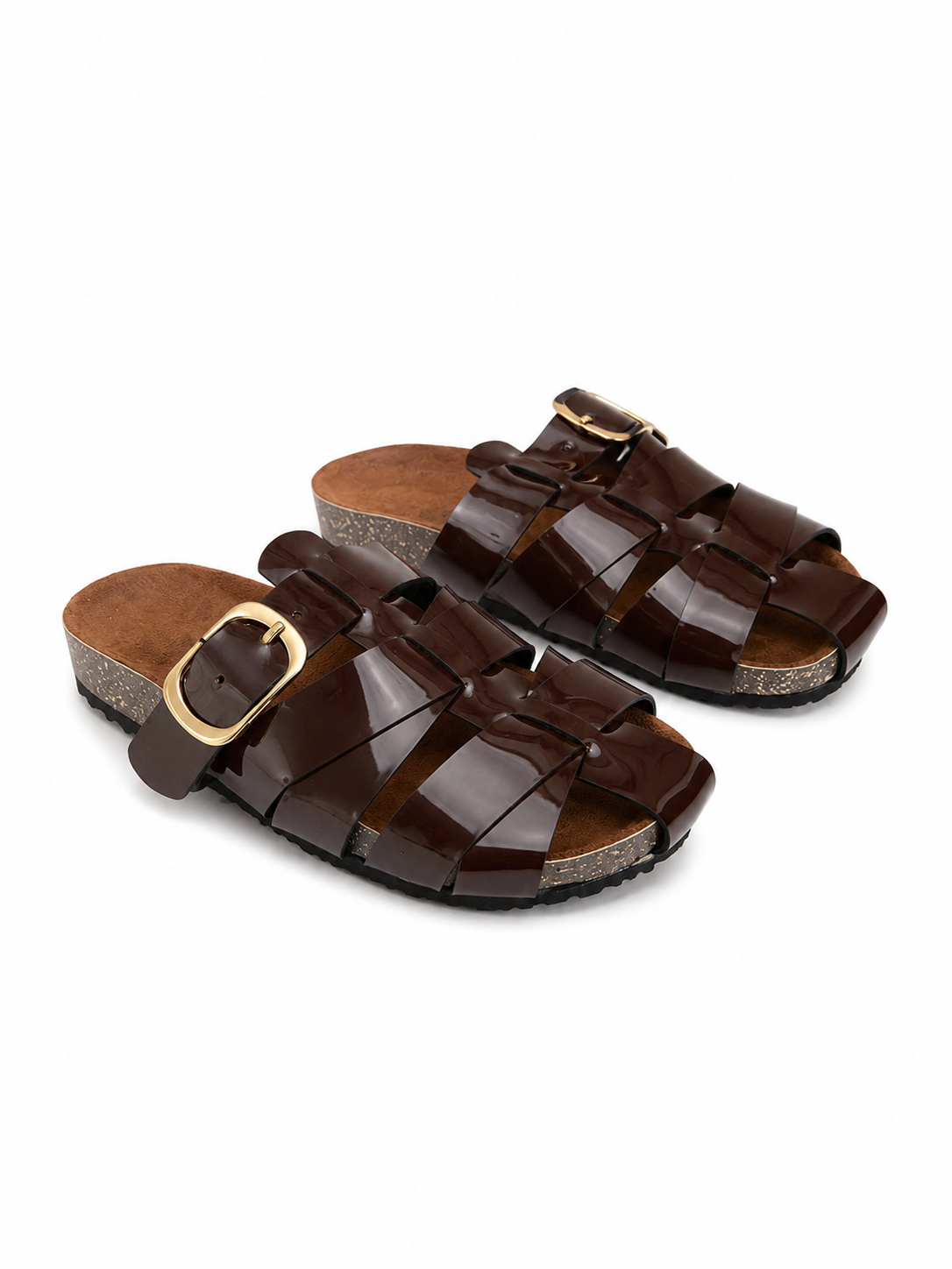 Slippers Flat Leather Glossy With Many Strap SL-246