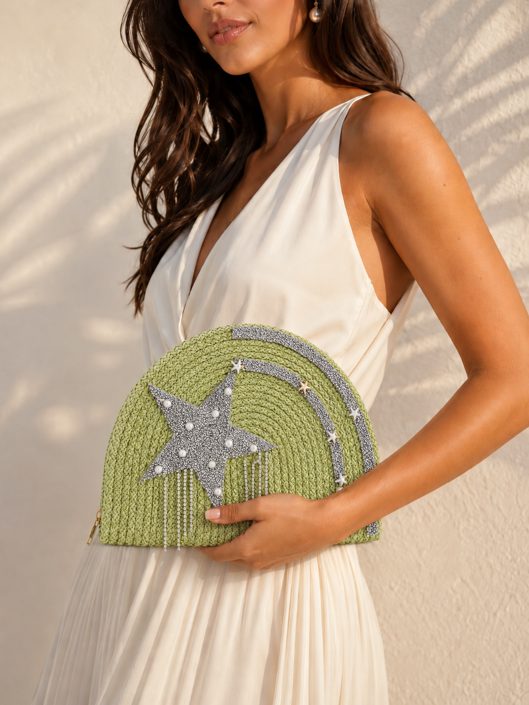 Handbags raffia With a sparkling star and pearl details ZK-1