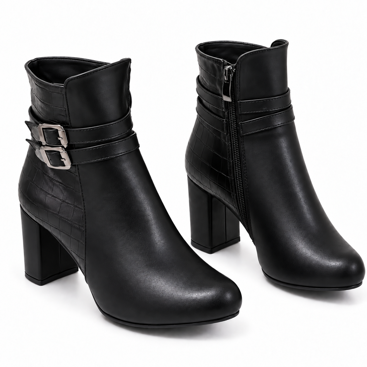 Women’s Double Buckle Block Heel Ankle Boots R-26