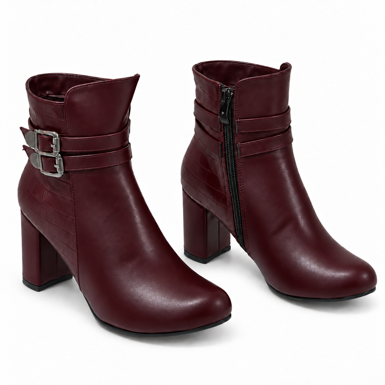 Women’s Double Buckle Block Heel Ankle Boots R-26