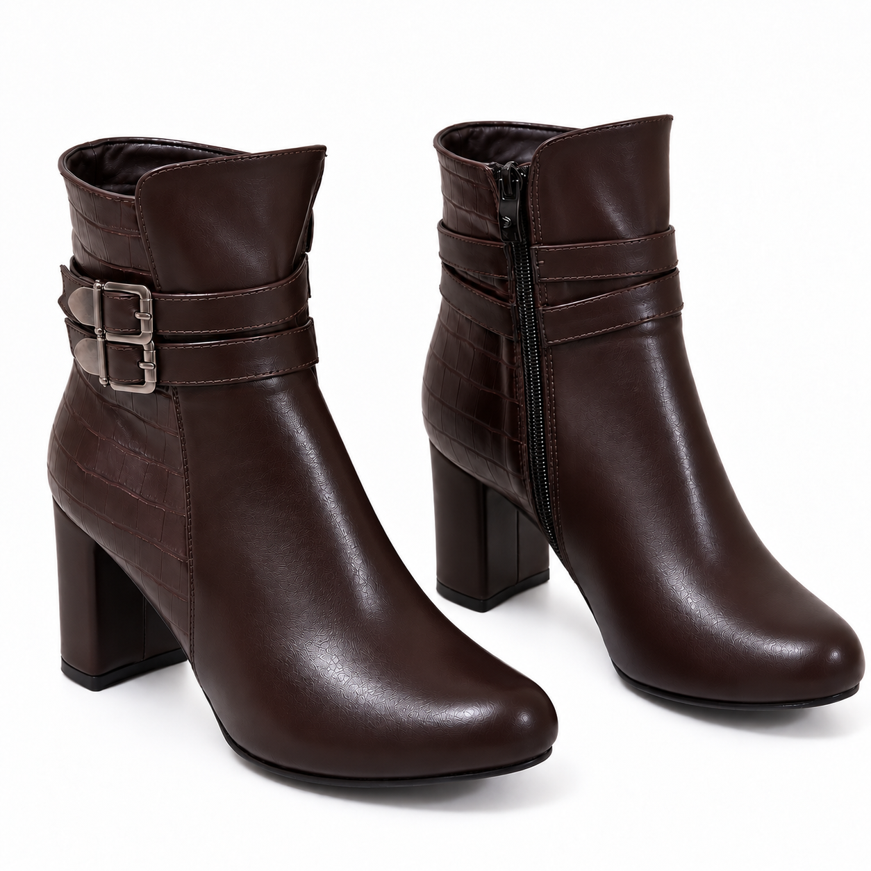 Women’s Double Buckle Block Heel Ankle Boots R-26