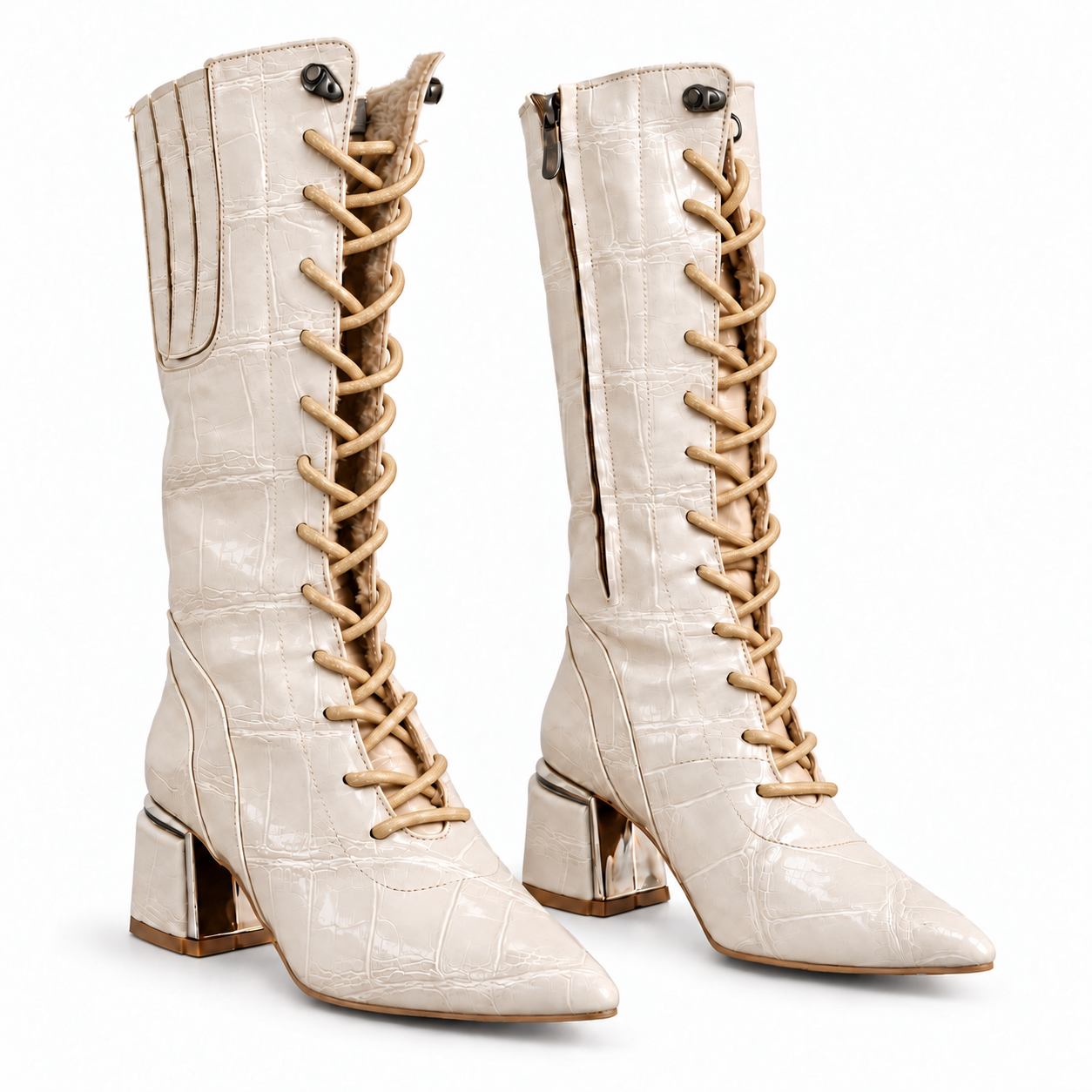 Long Boot Mid Heels Leather With Rope and Zipper LB-45