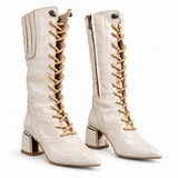 Long Boot Mid Heels Leather With Rope and Zipper LB-45