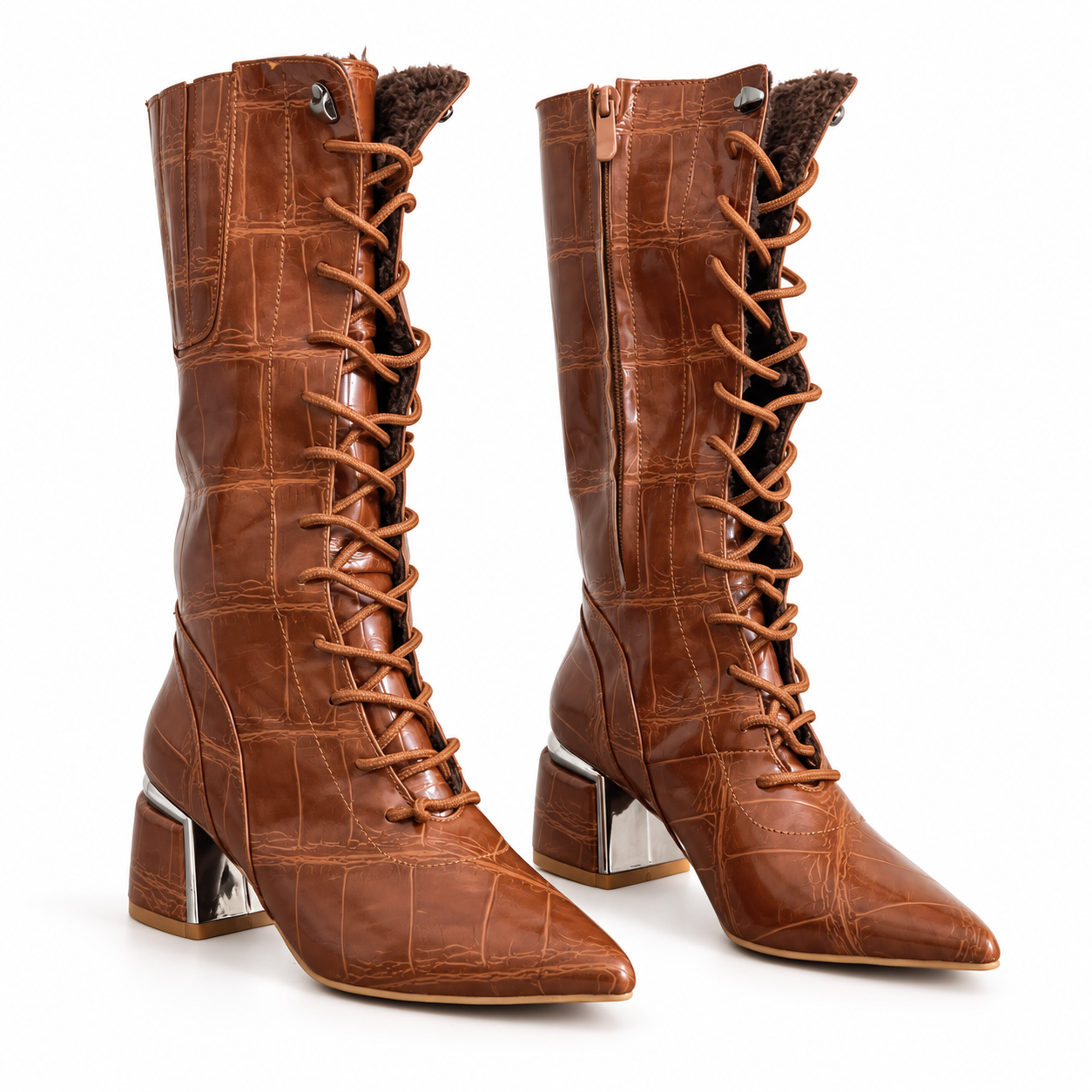 Long Boot Mid Heels Leather With Rope and Zipper LB-45