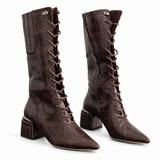 Long Boot Mid Heels Leather With Rope and Zipper LB-45