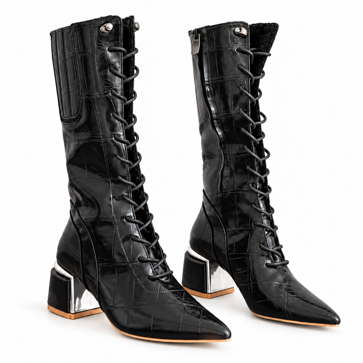 Long Boot Mid Heels Leather With Rope and Zipper LB-45