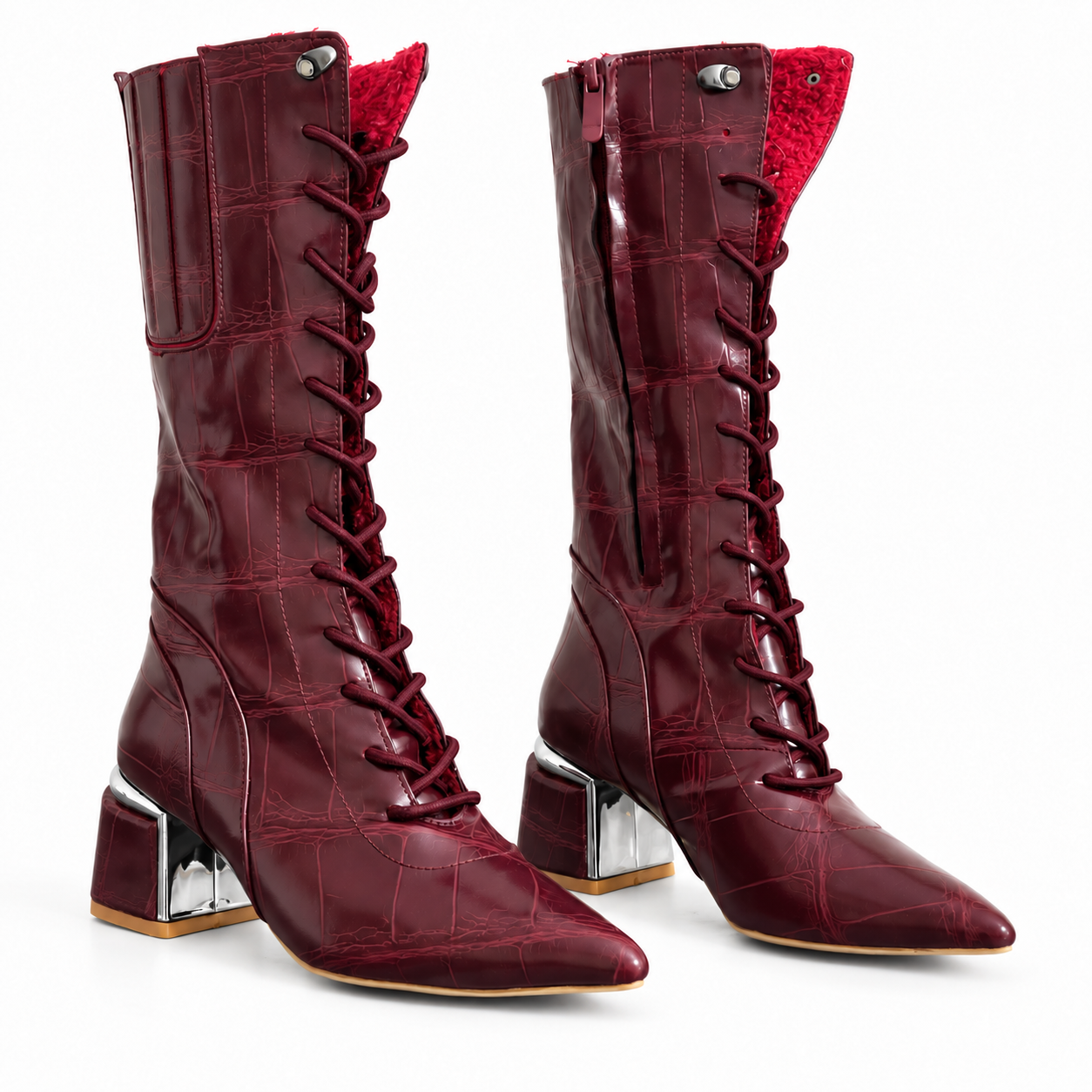Long Boot Mid Heels Leather With Rope and Zipper LB-45