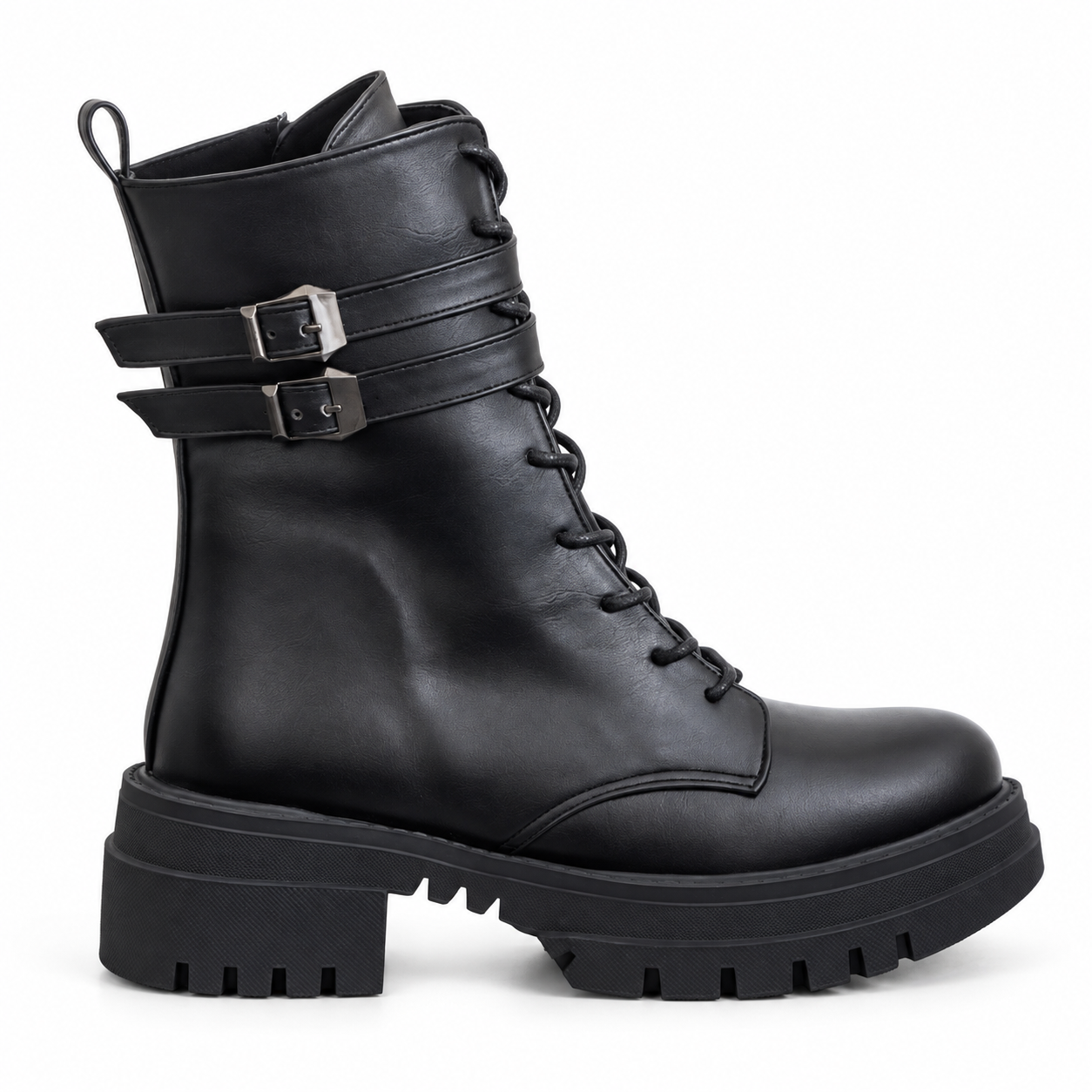 Women's Lace-Up Combat Boots with Double Buckles and Chunky Sole E-111