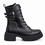 Women's Lace-Up Combat Boots with Double Buckles and Chunky Sole E-111