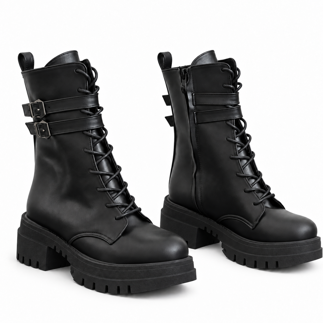 Women's Lace-Up Combat Boots with Double Buckles and Chunky Sole E-111