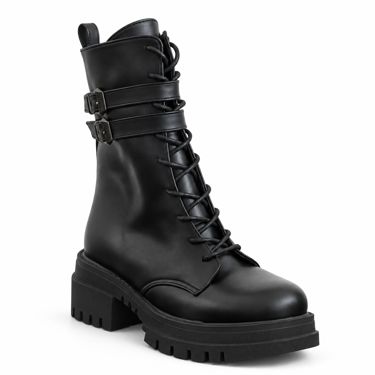 Women's Lace-Up Combat Boots with Double Buckles and Chunky Sole E-111