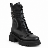 Women's Lace-Up Combat Boots with Double Buckles and Chunky Sole E-111
