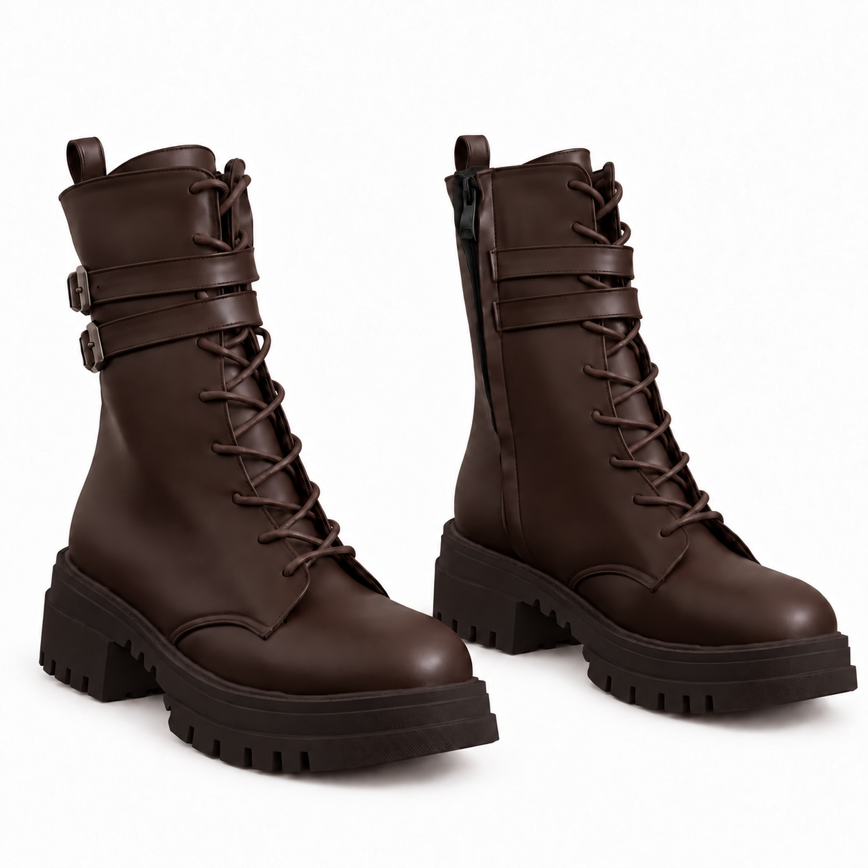 Women's Lace-Up Combat Boots with Double Buckles and Chunky Sole E-111