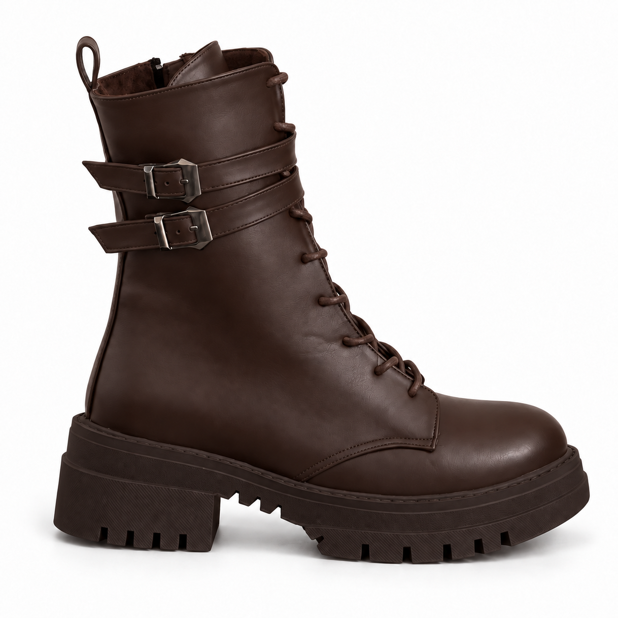 Women's Lace-Up Combat Boots with Double Buckles and Chunky Sole E-111
