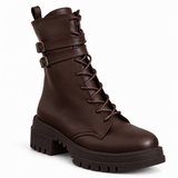 Women's Lace-Up Combat Boots with Double Buckles and Chunky Sole E-111