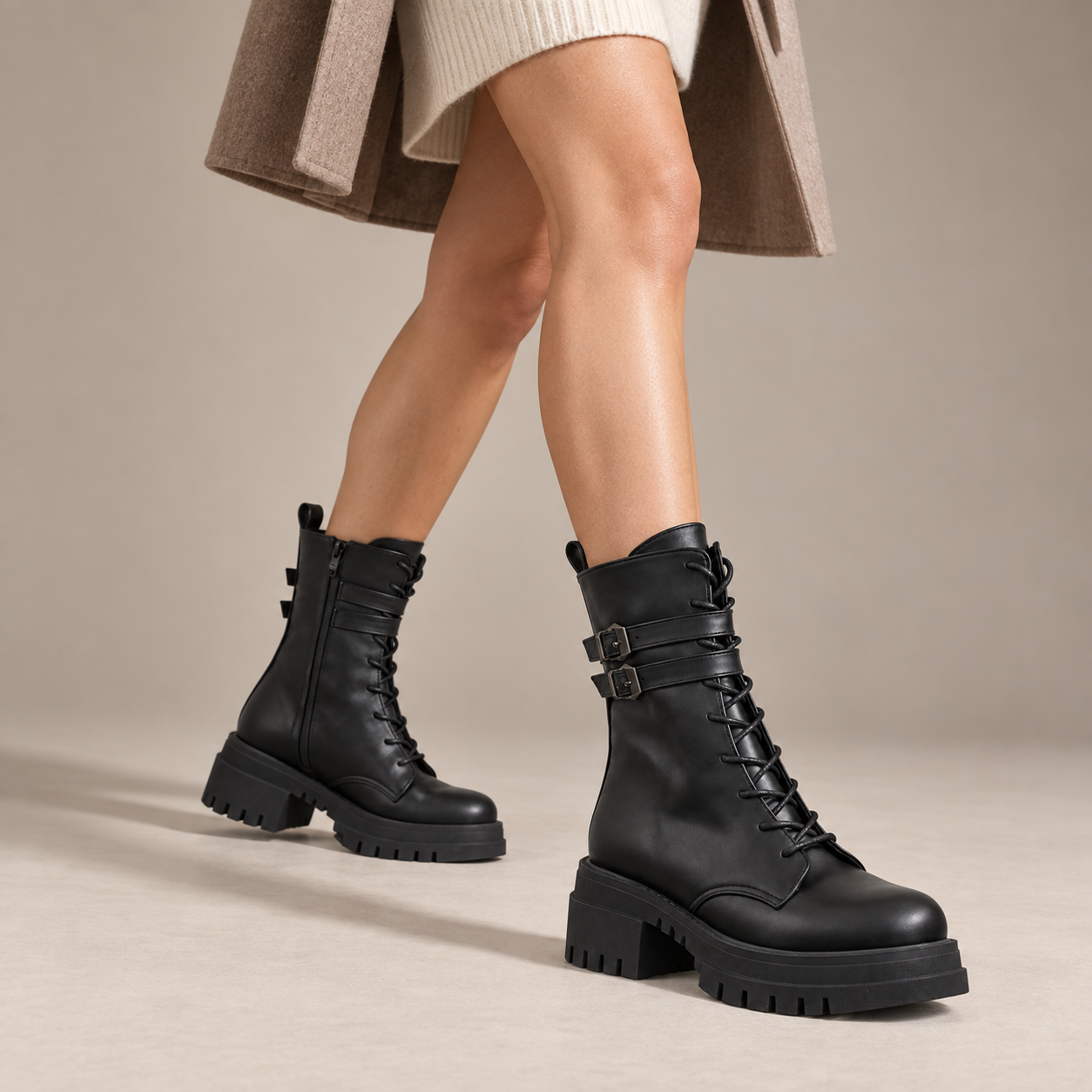 Women's Lace-Up Combat Boots with Double Buckles and Chunky Sole E-111