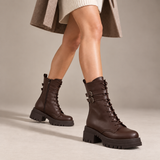 Women's Lace-Up Combat Boots with Double Buckles and Chunky Sole E-111